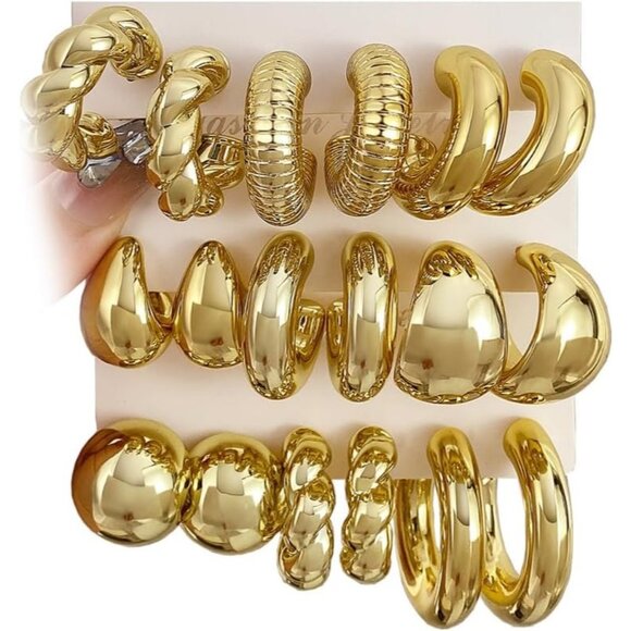 Jewelry - Women's Hypoallergenic Chunky Chain Twisted 24 Pairs Gold Hoop Earrings Set